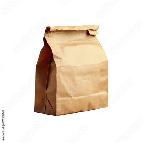 A standard brown paper lunch bag with a folded top. Perfect for daily lunch packing. Isolated on transparent background, png.