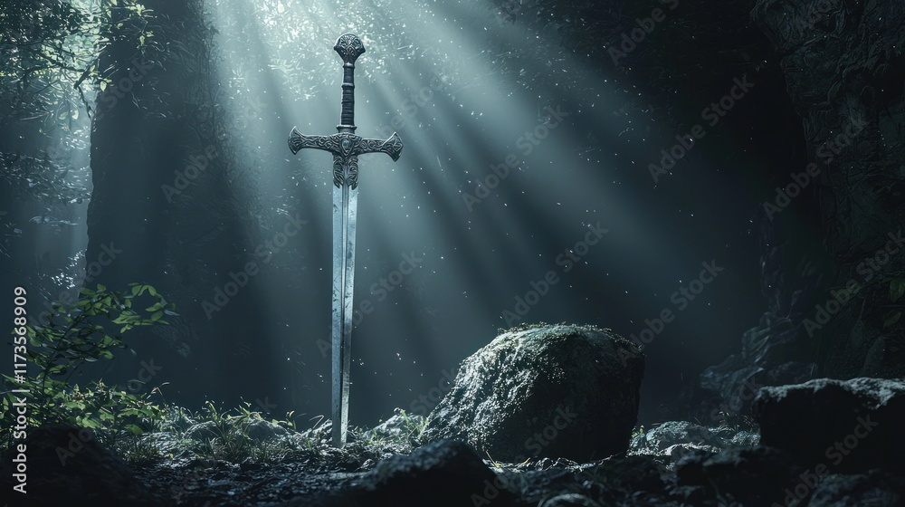 Naklejka premium Excalibur: The Legendary Sword in the Mystic Forest
