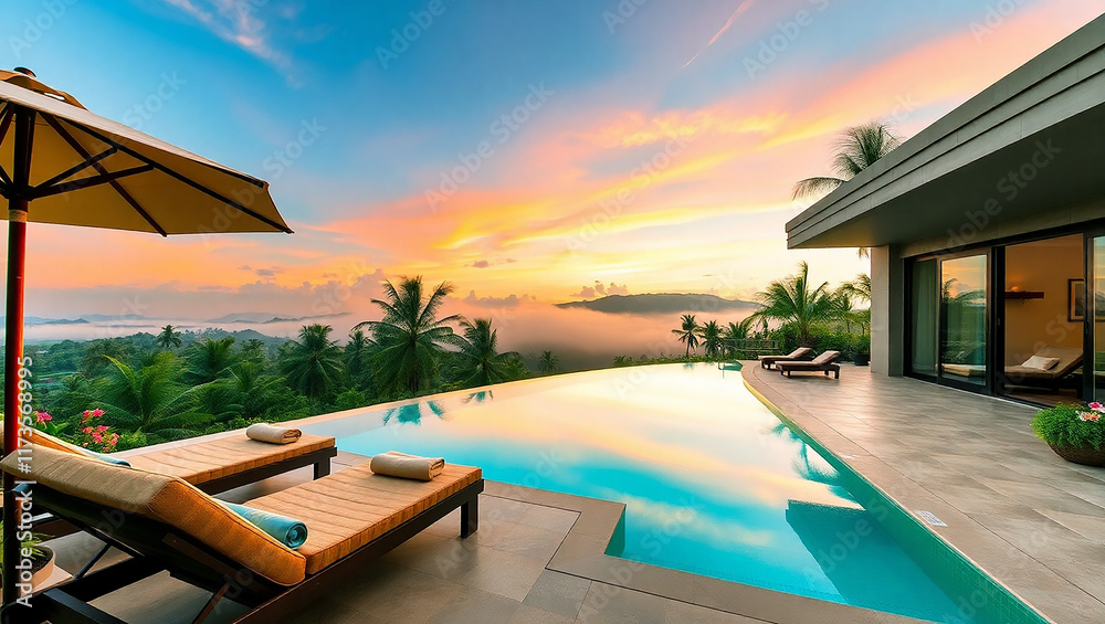 Fototapeta premium Luxury Villa Escape: Poolside Views of the Ocean and Palm Trees