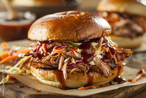 Flavorful Pulled Pork Sandwich with Tangy BBQ Sauce and Coleslaw photo