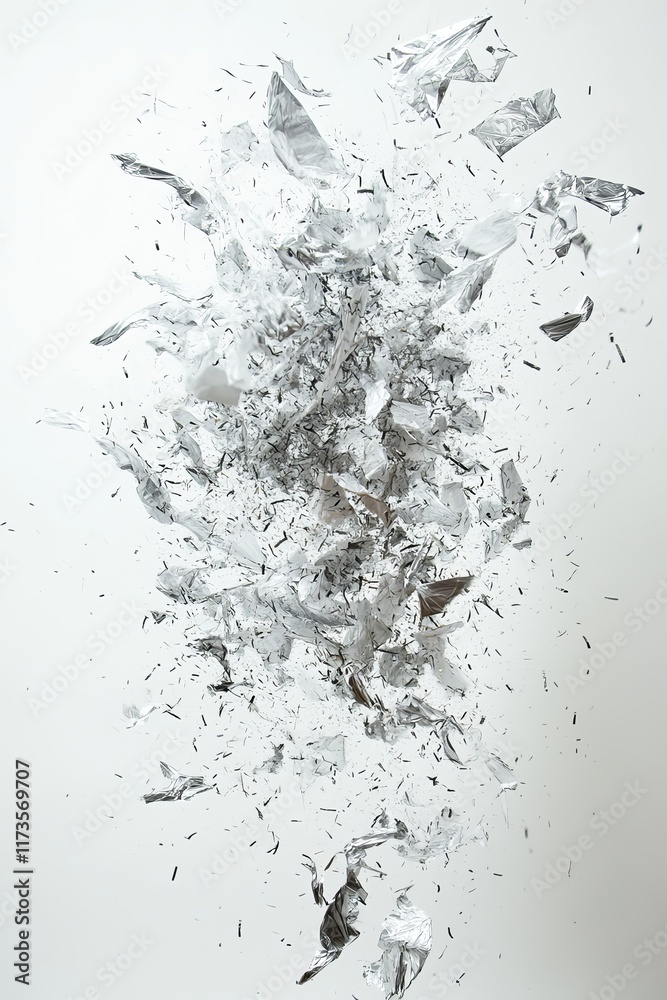 Obraz premium Dynamic abstract image of white and silver particles exploding against a clean background, showcasing motion and energy.