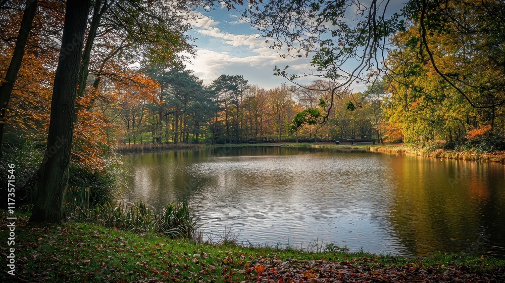 Fototapeta premium Autumnal Serenity: A Tranquil Lake Surrounded by Colorful Fall Foliage