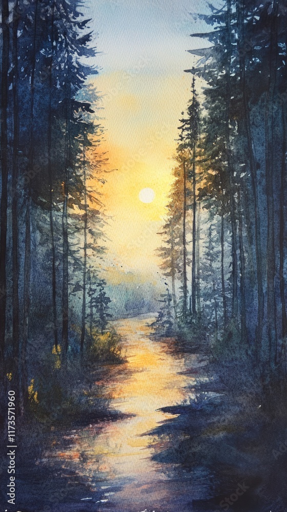 A serene watercolor scene depicting a gentle river meandering through a tranquil forest at sunrise. The soft light creates a soothing atmosphere. A serene watercolor scene depicting a gentle river meandering through a tranquil forest at sunrise. The soft light creates a soothing atmosphere.