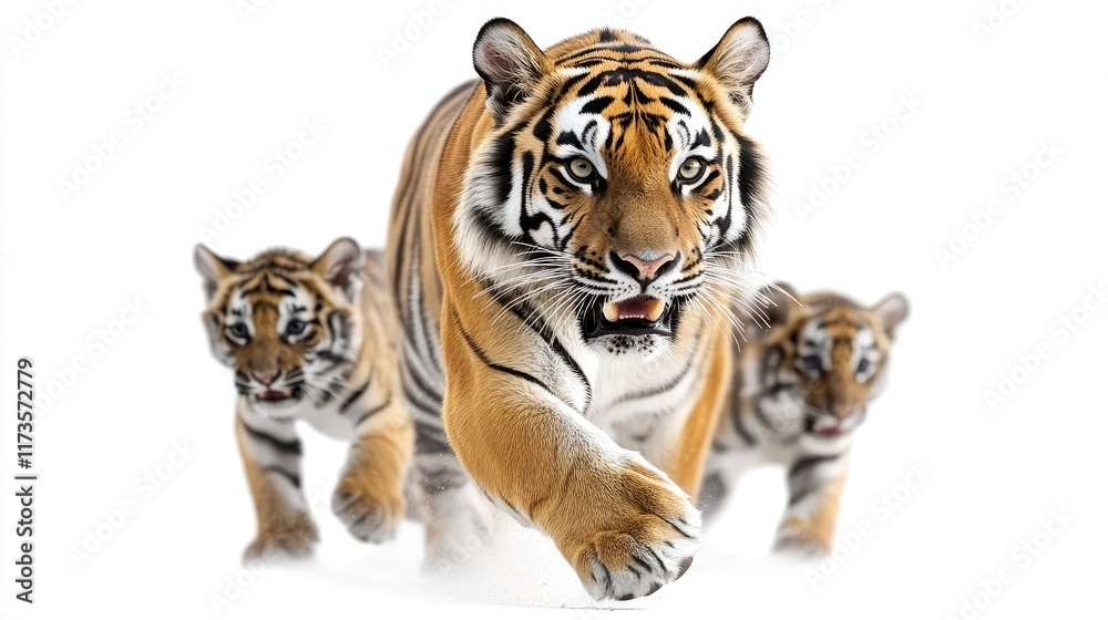 Obraz premium A powerful tiger leading two cubs, showcasing strength and family in the wild.