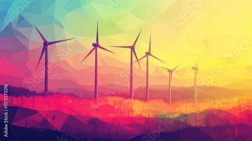 Colorful Polygonal Landscape with Wind Turbines at Sunrise Over a Vibrant Horizon with Abstract Geometric Pattern Background photo