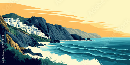 Stunning Coastal Town on Rugged Cliffs Overlooking Azure Ocean Waves at Sunset in Mediterranean Seaside Art Print Depicting Picturesque Natural Beauty and Tranquility