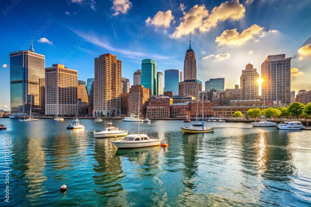 Fototapeta premium Stunning Summer Boston Harbor View: Iconic Skyline & Boats