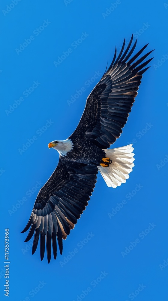 Naklejka premium A majestic eagle soaring against a clear blue sky, showcasing its wingspan and beauty.