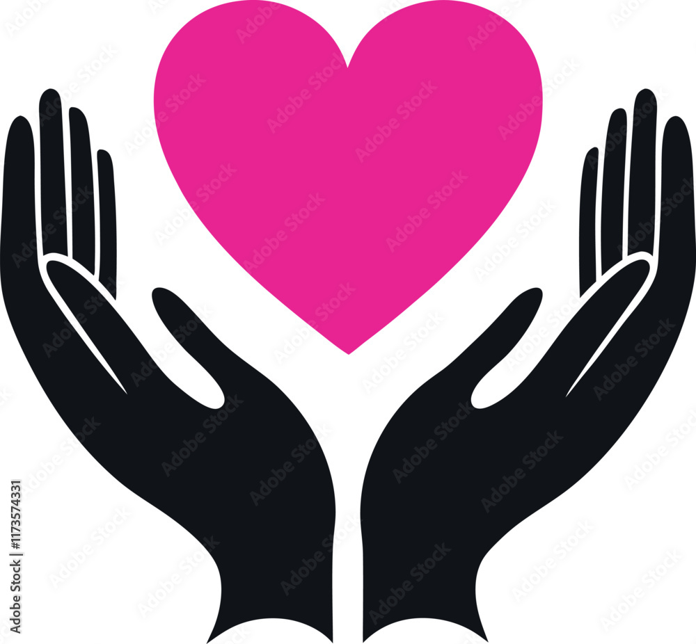Two hands forming a heart shape silhouette in a vector illustration