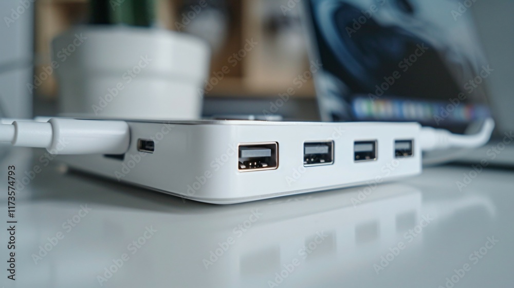 Sleek universal charger with multiple ports on a minimalist white surface, showcasing versatility and modern design for efficient device charging solutions. Sleek universal charger with multiple ports on a minimalist white surface, showcasing versatility and modern design for efficient device charging solutions.