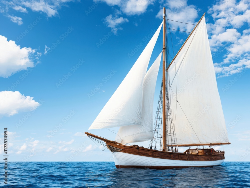 Fototapeta premium Beautiful classic wooden sailboat navigating through calm azure waters under a bright blue sky with fluffy clouds, symbolizing adventure and tranquility at sea