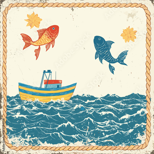 Vintage Nautical Art with Colorful Fish and Yellow Striped Boat on Ocean Waves in Rope Border - Retro Oceanic Illustration for Coastal Decor