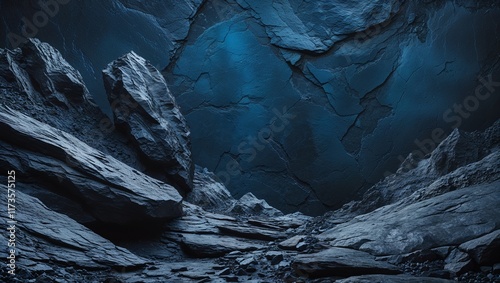 Abstract Black Stone Background with Deep Blue Accents: Bold and Dramatic Composition Featuring Textured, Earthy Tones and Striking Contrasts for Modern Artistic Impact photo