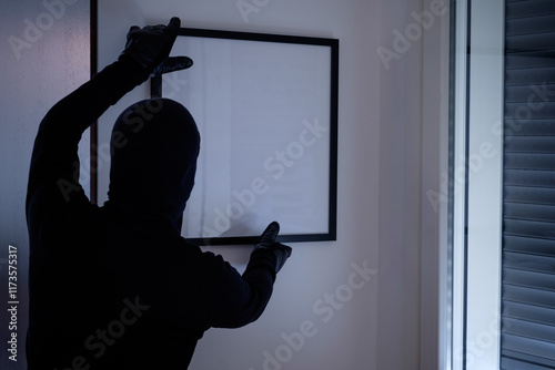 Burglar stealing a painting from an house wall
