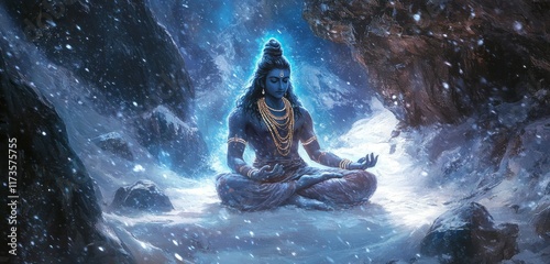 Shiva in deep meditation inside a snowy Himalayan cave, gentle snowfall around, blue glowing aura photo