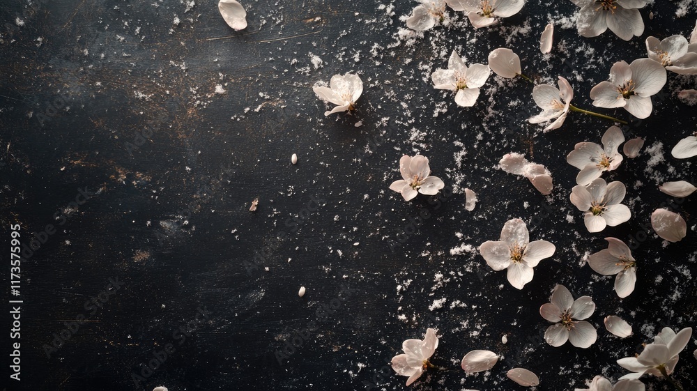 Fototapeta premium Delicate white flowers scattered on dark textured surface