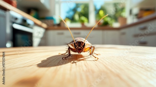 This image shows a cockroach navigating a kitchen surface with sunlight streaming through the window, highlighting the dynamics between pests and human environments.