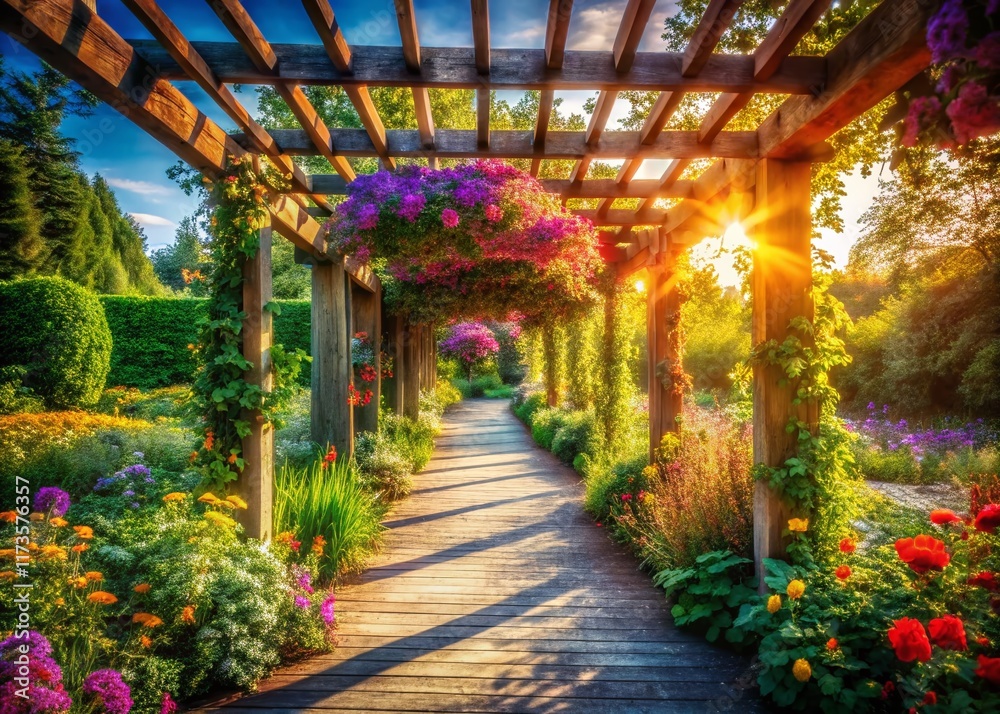 Fototapeta premium Summer Garden Path: Colorful Flowers & Wooden Pergola Long Exposure