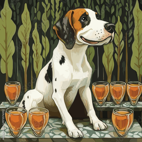 Adorable Dog Sitting Among Craft Beer Glasses in Nature Setting with Green Leaves - Unique Art Style Captures Canine Charm, Beverages, Leaves, and Design