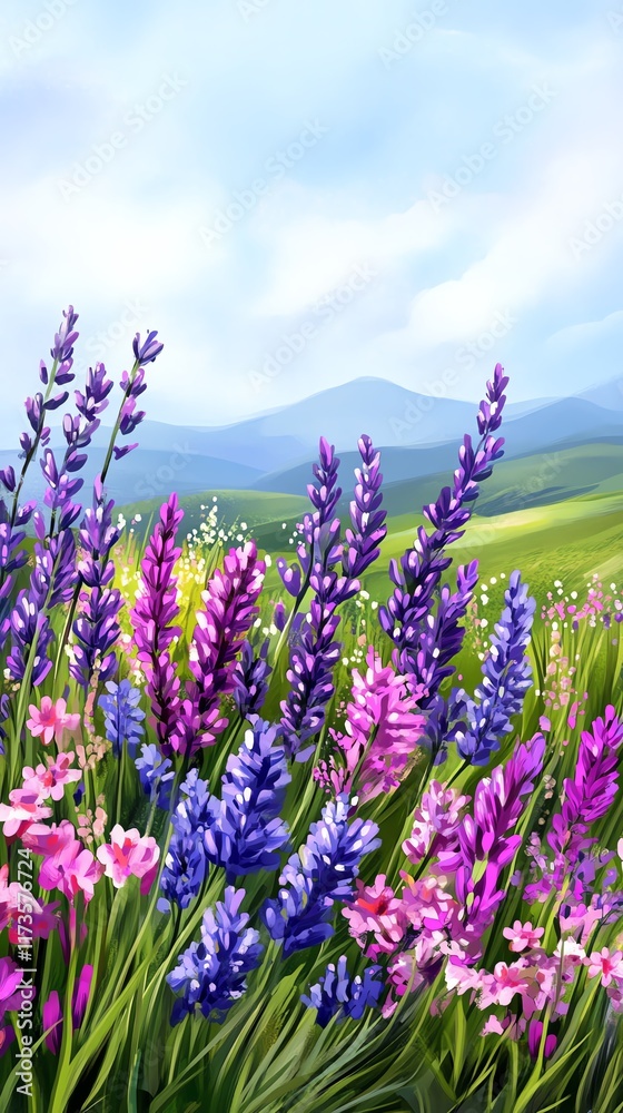 Naklejka premium mood emotion subtle, a field of lavender under an overcast sky, with faint wisps of mist hanging in the air, creating a serene and understated elegance