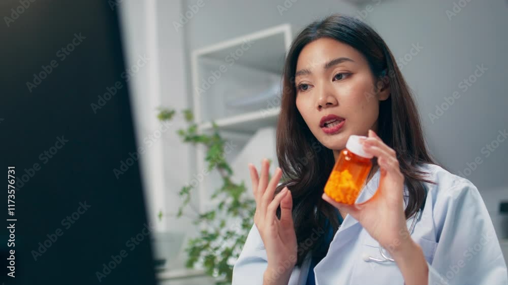 Young Asian female doctor holding a medicine bottle explaining, talking to her patient how to use medicine via online video call conference. Online Healthcare consultation and telemedicine technology. Young Asian female doctor holding a medicine bottle explaining, talking to her patient how to use medicine via online video call conference. Online Healthcare consultation and telemedicine technology.