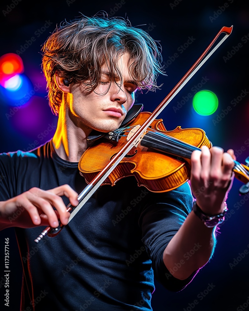 Fototapeta premium mood vibe intense, a musician playing a violin on a dimly lit stage, their face contorted with passion, the dramatic spotlight highlighting the strings and bow in motion