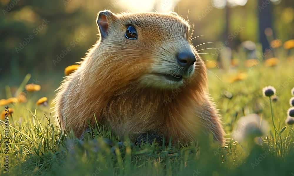 Adorable Marmot in a Flower Meadow at Sunset - Cute Wildlife Photography Adorable Marmot in a Flower Meadow at Sunset - Cute Wildlife Photography