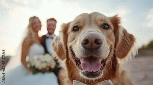 A joyful Golden Retriever with a bow tie is in the foreground with a smiling couple in wedding attire behind, symbolizing companionship and celebration.