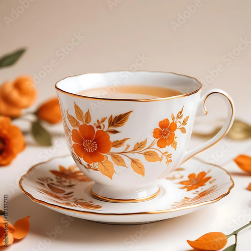 Sophisticated Tea Cup With Hand Painted Floral Embellishments 