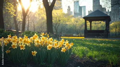 Sunlit yellow daffodils bming in a peaceful garde