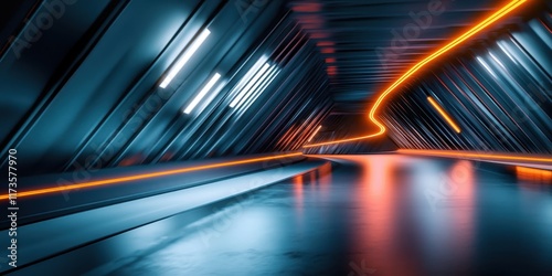 Futuristic tunnel, glowing orange energy lines, reflective floor, sci-fi corridor, neon blue lights, symmetrical perspective, dark atmosphere, cyberpunk aesthetic, sleek architecture, long hallway, dr