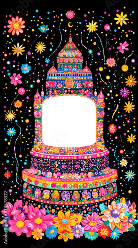 Vibrant Indian Mandir Artwork with Floral Patterns and Rich Colors, Abstract Temple Design, Hindu Motif, Festival Decor, Bright Blossoms and Starry Accents