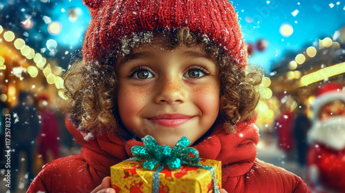 A young child with curly hair and a cozy red hat smiles broadly while holding a colorful gift, surrounded by a cheerful winter market atmosphere filled with lights