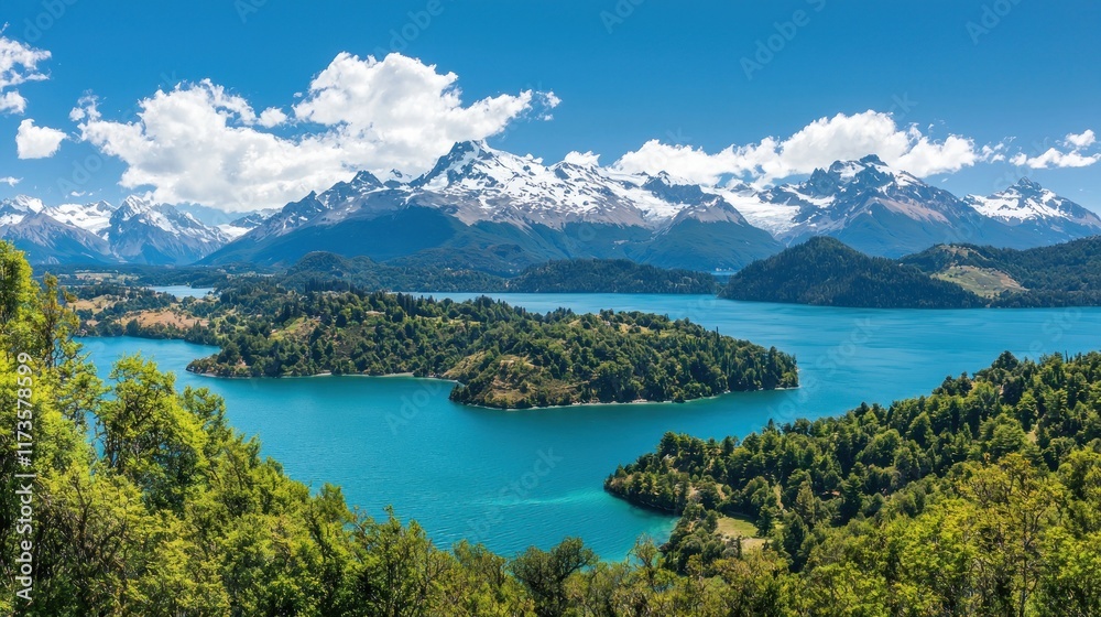 Stunning Panoramic View of a Turquoise Lake and Snowy Mountains in Patagonia Stunning Panoramic View of a Turquoise Lake and Snowy Mountains in Patagonia