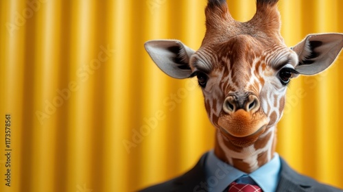 A giraffe in a formal suit complemented by a red-patterned tie, posed before a bold yellow striped backdrop, portraying a blend of whimsy and professionalism. photo