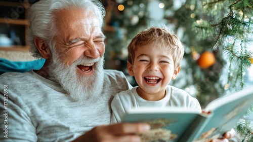 A joyful grandfather and grandson share a moment of laughter while reading a book together, surrounded by a festive and warm environment, emphasizing joy and connection. photo