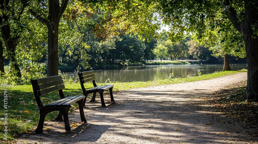 Serene Park Bench by the Lake: A Peaceful Summer Morning Serene Park Bench by the Lake: A Peaceful Summer Morning