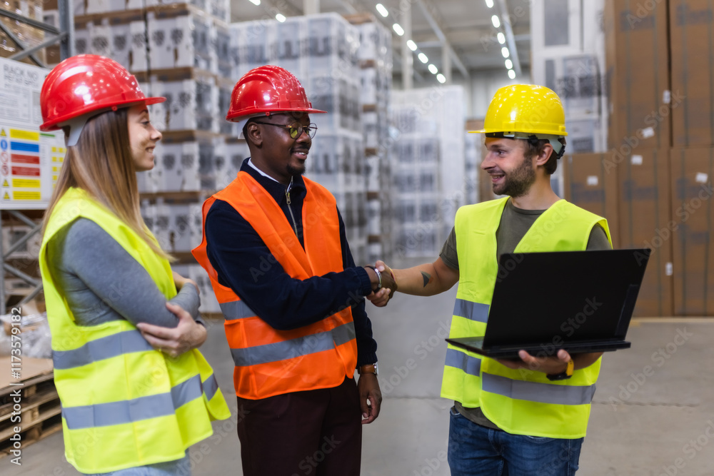 Construction workers collaborating in a busy warehouse environment with safety gear Construction workers collaborating in a busy warehouse environment with safety gear