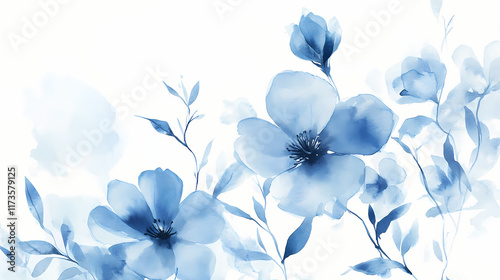 Fototapeta Naklejka Na Ścianę i Meble -  Set of blue watercolor flowers, leaves and twigs on white background. botanical watercolor painting for decorative invitations, posters, or cards. Blossom. Illustration