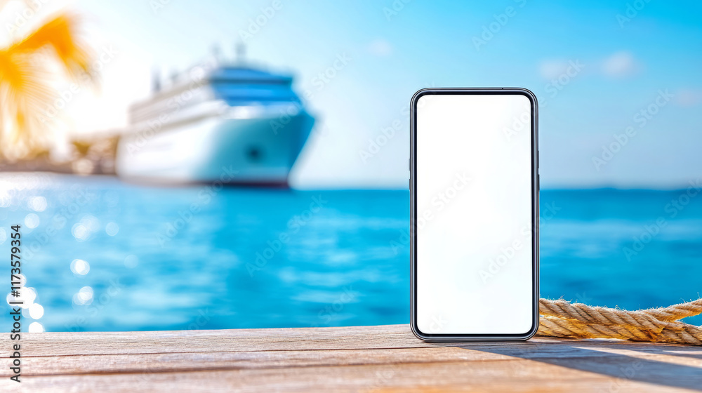 Naklejka premium A smartphone with a blank white screen rests on a wooden dock, overlooking a turquoise sea and a cruise ship in the background under a bright blue sky