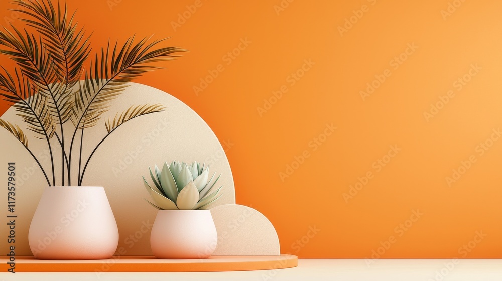 Fototapeta premium Modern Minimalist Display of Decorative Plant Pots with Greenery on a Bright Orange Background for Interior Design Inspiration