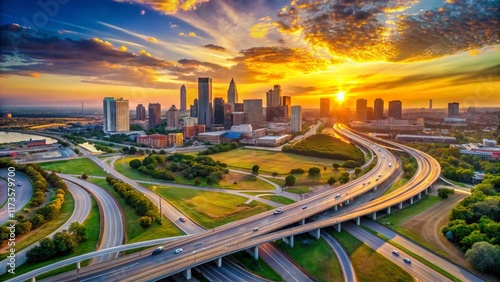 Sunrise Aerial Panorama of Fort Worth Texas Skyline & Highway Intersection
