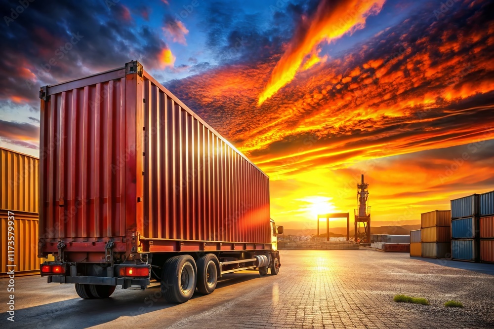 Sunset at Shipping Yard: Red Container on Truck Trailer Sunset at Shipping Yard: Red Container on Truck Trailer