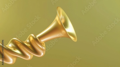 Abstract close-up of a twisted golden trumpet horn against a soft gradient background, showcasing intricate details and a shiny reflective surface in a minimalist style