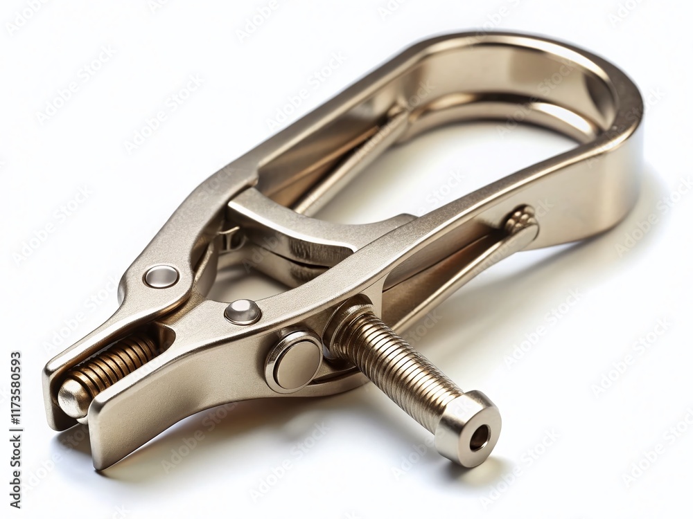 Surgical Metal Clamp Close-up: Sterile Precision Instrument Isolated on White Surgical Metal Clamp Close-up: Sterile Precision Instrument Isolated on White