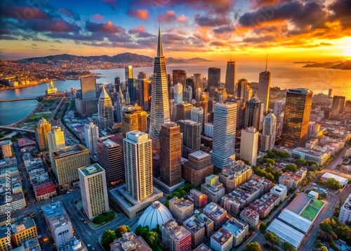 Surreal Aerial View of San Francisco Downtown Skyline, Dreamlike Cityscape, Fantasy Architecture photo