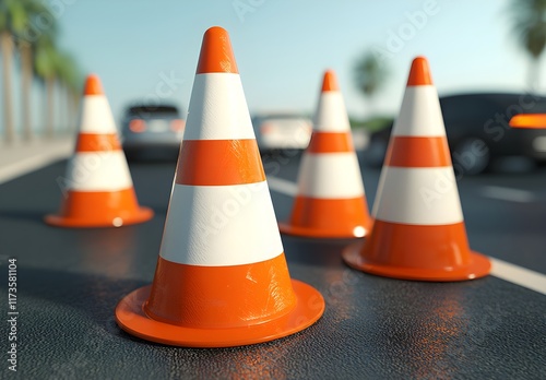 Construction Road Safety Cone Arrangement on Urban Street with Blurred Cars in Background and Palm Trees for Traffic Management and Public Safety Concepts photo