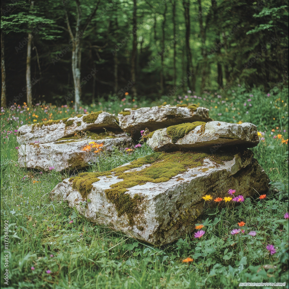 Mossy rocks in forest wildflower meadow, serene nature background Mossy rocks in forest wildflower meadow, serene nature background