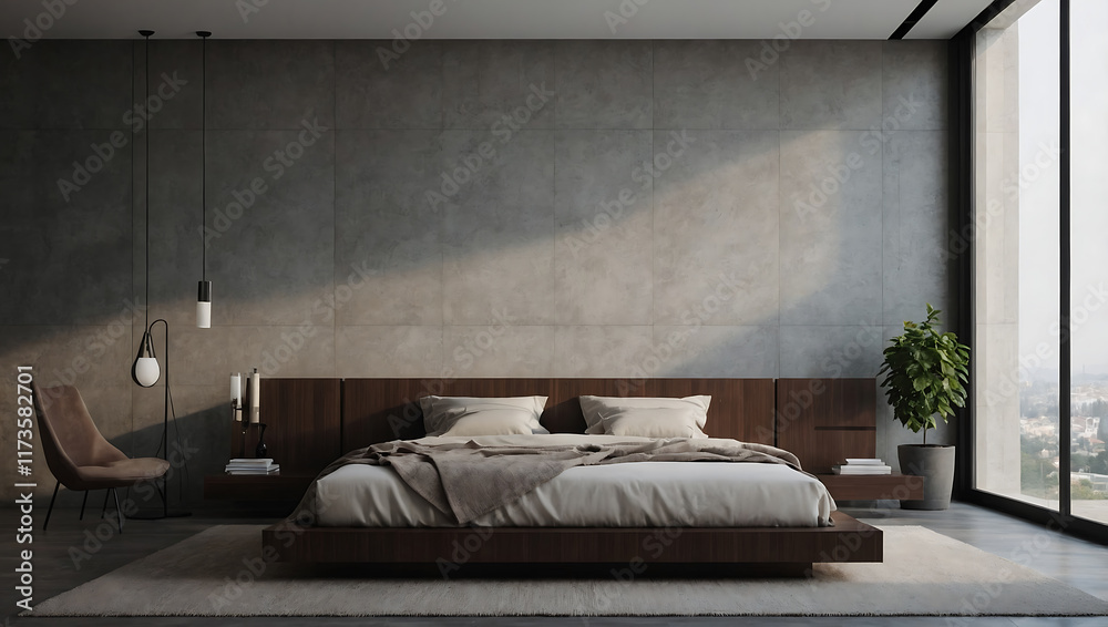 Fototapeta premium Modern Bedroom Interior with Platform Bed and Concrete Wall