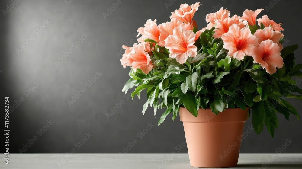 A visually appealing bouquet of flowers with vivid pink hues and deep green leaves, set in an elegant terracotta pot, enhanced by a dark, textured background. A visually appealing bouquet of flowers with vivid pink hues and deep green leaves, set in an elegant terracotta pot, enhanced by a dark, textured background.